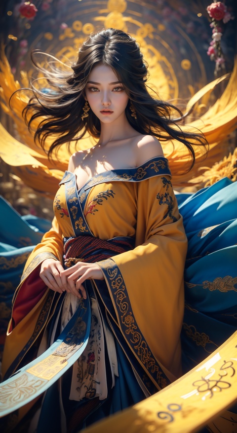 (Low angle shooting, ultra wide angle shooting), A woman wearing a yellow robe,(White hair is blown up by the wind),  Golden butterfly,(nude:1.2),(Off shoulder: 1.3),and a dynamic character, exquisite eyebrows, beautiful facial features, (upper body close-up photo: 1.2), (pubic hair: 1.3), sparkling runes, blue Hanfu, (surrounded by rotating long scroll: 1.2), (floating transparent Chinese characters), dynamic movements, Best picture quality, 3D rendering, up view, ultra wide angle, fisheye, lens focus, ultra realistic and detailed, high detail texture, ultra high quality, 16k,Daofa Rune,Flowing scroll,spiritcage\(baiyuekui\),xwhd,black-blindfold