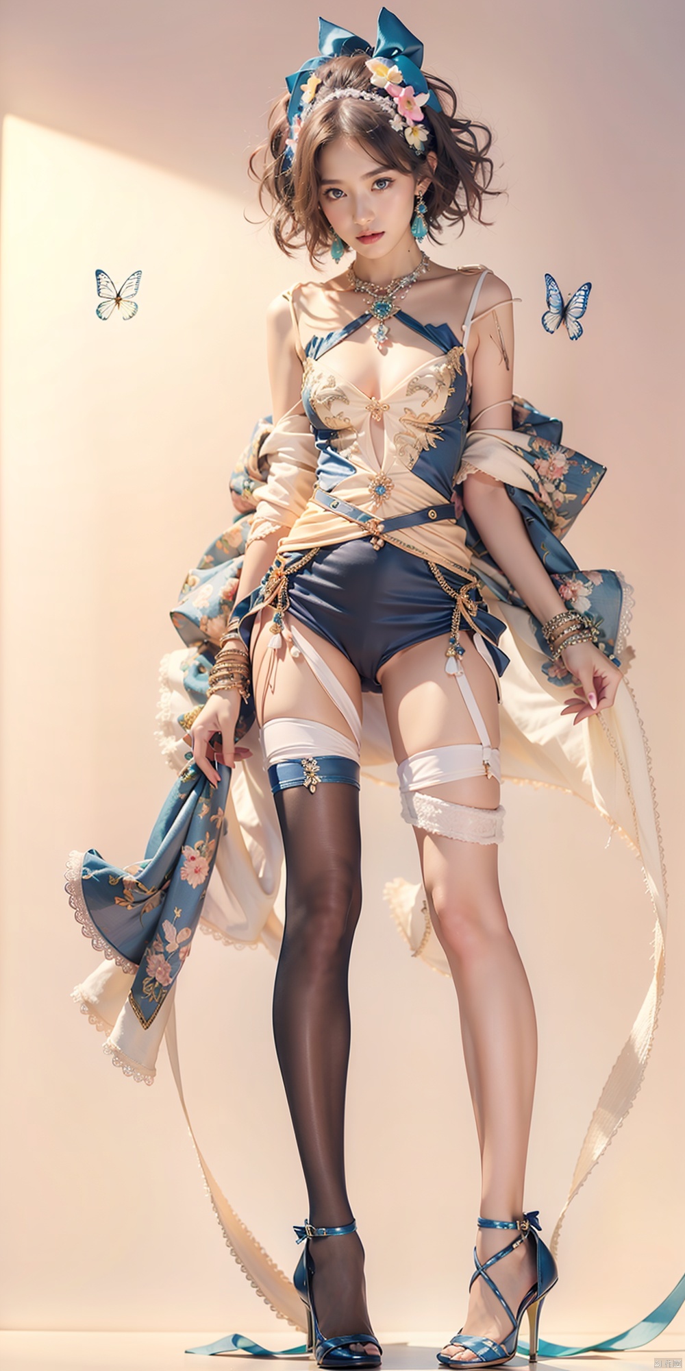  ((nsfw)),nude,1 Girl ,Full Body ,bare legs, long hair ,Black Eyes ,Blue Gemstone Earrings ,Necklace ,Bracelet ,Bare Shoulders ,Dresses ,Floating Skirt ,Ribbon Pantyhose ,Black Pantyhose,High Heels, (Dynamic Pose: 1.2), Ray Tracing ,Gradient Background, Pastel Colors ,Blue ,Red ,Background Text ,(Magazine Cover) ,RAW Photo, (Film Grare: 1.2) ,Masterpiece ,High Resolution, HM, 1 Girl