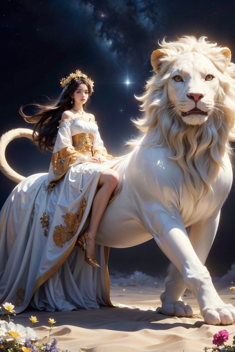  A girl with long flowing hair is riding on a majestic lion, which emits a starry glow. They are strolling on clouds surrounded by a colorful sea of flowers, each flower seems to be smiling at them. Girl and lion fantasy art by Gregory Manchess, concept art by Agnieszka Malyszek, digital painting by Alphonse Mucha, oil painting by Vincent van Gogh, photorealistic art by Gustav Klimt, trending on DeviantArt, trending on ArtStation, intricate details, vibrant colors, dreamy atmosphere, magical realism, full body shot, high resolution image, beautiful artwork.