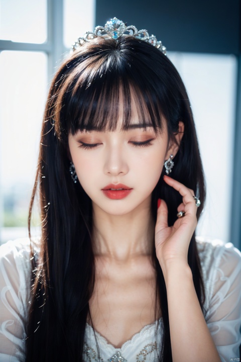  1girl,stars in the eyes,pure girl,(full body:0.5),angle,contour deepening,cinematic angle,Goddess,Crown,1girl, solo, long hair, holding, jewelry, closed eyes, upper body, white hair, earrings, english text, makeup, ring, lipstick, cosmetics, lipstick tube, applying makeup
