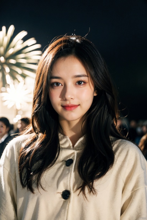  1Girl, solo, night, long hair, black hair, upper body, firework, movie sense, camera halo, fireworks light up the face, wearing Tang costume, smiling at the camera in the crowd,winter clothes