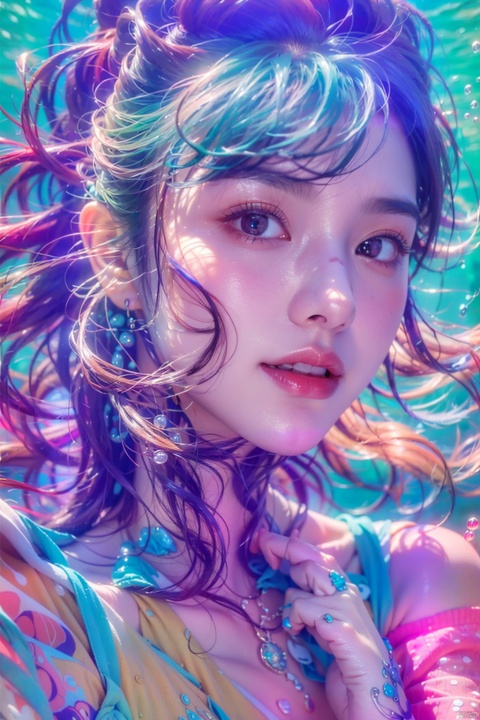  Beauty, best quality, super detail, fine detail, high resolution, 8K wallpaper, perfect dynamic composition, beautiful detailed eye, suit, off-shoulder, cleavage, xiqing, 1girl,smile,90度侧脸, underwater