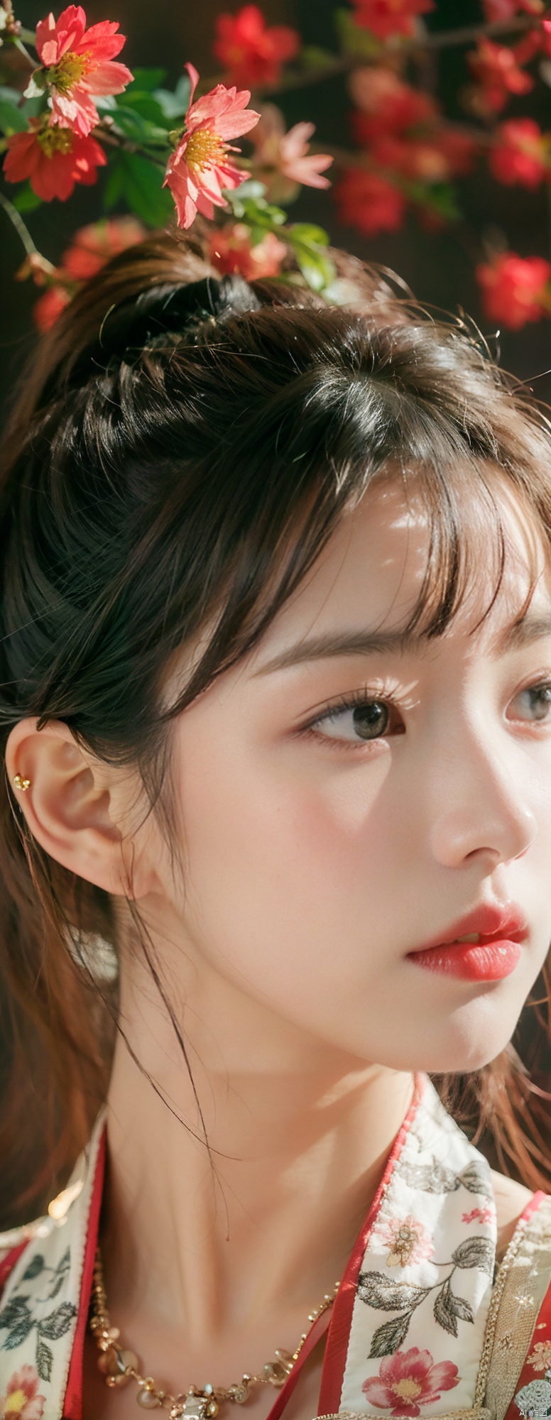  1girl,solo,black hair,long hair,jewelry,bangs,looking at viewer,blunt bangs,grey eyes,branch,upper body,flower,lips,straight hair,closed mouth,black background,red lips,beads,moyou,黄色头发,蓝色眼睛