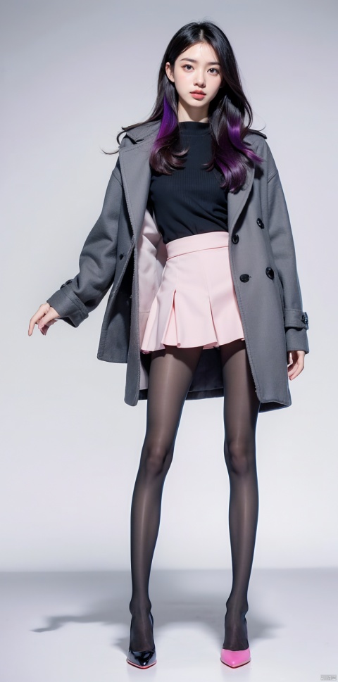  Sunshangxiang,1girl,solo,long hair,skirt,purple hair,multicolored hair,coat,pink footwear,personification,long sleeves,shoes,jewelry,gradient hair,looking at viewer,pink hair,boots,, (raw photo:1.2),((photorealistic:1.4))best quality,masterpiece,illustration,an extremely delicate and beautiful,extremely detailed,CG,unity,8k wallpaper,Amazing,finely detail,masterpiece,best quality,official art,extremely detailed CG unity 8k wallpaper,absurdres,incredibly absurdres,huge filesize,ultra-detailed,highres,extremely detailed,beautiful detailed girl,cinematic lighting,1girl,pale skin,tall female,(perfect body shape),skinny body,Slender legs, caiyi, (pantyhose:1.3),high_heels, depth of field