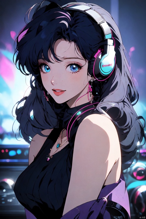  (masterpiece:1.2), best quality,PIXIV, style of a 1980s anime,1girl, jewelry, solo, headphones, earrings, blue eyes, necklace, long hair, looking at viewer, headphones around neck, parted lips, upper body, bare shoulders, eyelashes, lips, smile, blue hair, bangs, sleeveless, breasts, speaker