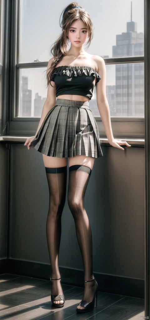  1girl, solo, long hair, breasts, looking at viewer,
skirt, black hair, thighhighs, bare shoulders,
underwear, (standing), full body, ponytail, pleated skirt, indoors,
clothes lift,
(Hourglass body shape),thigh gap,
(high heels), white thighhighs, plaid, window, strapless, plaid skirt, (skirt lift:1.2), curtains,
(Tube top:1.1),(curve:1.2),

master work,photograph,RAW photo,photorealistic,
(masterpiece,best quality:1.4),8K,