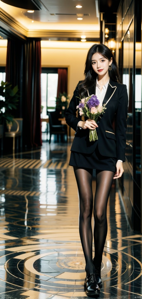  In the lobby of a luxury hotel, a beautiful woman with a bouquet of flowers in her hand, long hair, wearing a suit on the upper body, light gray thick tights on the lower body, boots on the feet (rounded at the knees), waiting for someone, with a sweet smile,sssr,(full body:1.2)