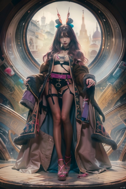  Sunshangxiang,1girl,solo,long hair,skirt,purple hair,multicolored hair,coat,pink footwear,personification,long sleeves,shoes,jewelry,gradient hair,looking at viewer,pink hair,boots,, (raw photo:1.2),((photorealistic:1.4))best quality,masterpiece,illustration,an extremely delicate and beautiful,extremely detailed,CG,unity,8k wallpaper,Amazing,finely detail,masterpiece,best quality,official art,extremely detailed CG unity 8k wallpaper,absurdres,incredibly absurdres,huge filesize,ultra-detailed,highres,extremely detailed,beautiful detailed girl,cinematic lighting,1girl,pale skin,tall female,(perfect body shape),skinny body,Slender legs, caiyi, (pantyhose:1.3),high_heels, monkren,