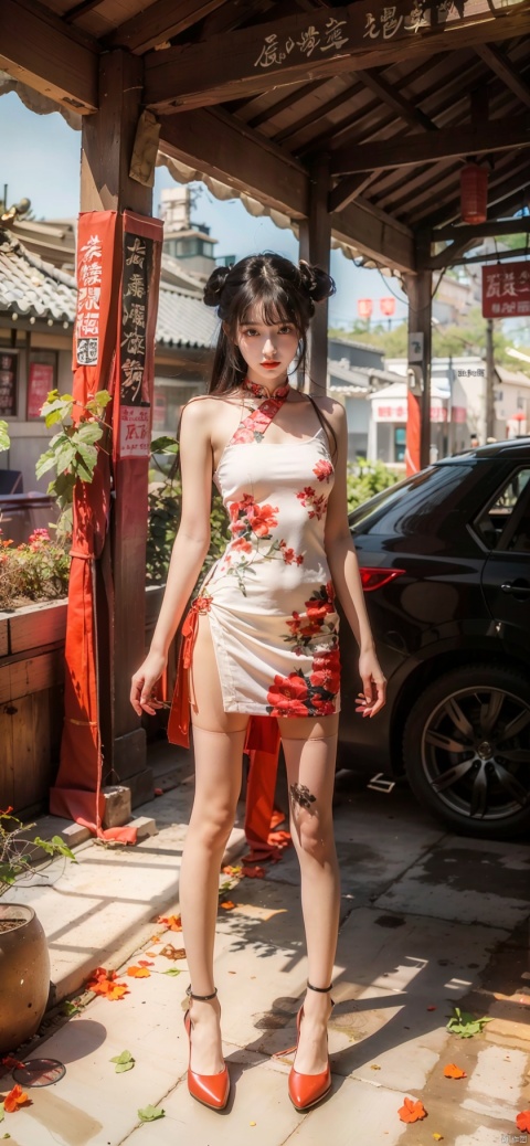  1girl,solo,black hair,long hair,jewelry,bangs,looking at viewer,blunt bangs,grey eyes,branch,upper body,flower,lips,straight hair,closed mouth,black background,redlips,beads,moyou,eluosi,光影对比,阳光照在脸上,super long legs,skinny,pantyhose, sssr, white thighhighs, Ink scattering_Chinese style,旗袍短裙,