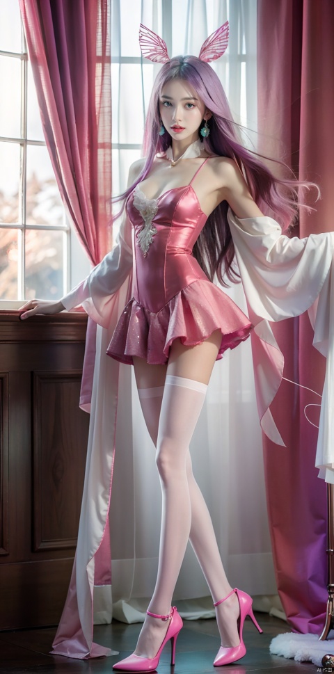  Sunshangxiang,1girl,solo,long hair,skirt,purple hair,multicolored hair,coat,pink footwear,personification,long sleeves,shoes,jewelry,gradient hair,looking at viewer,pink hair,boots,, (raw photo:1.2),((photorealistic:1.4))best quality,masterpiece,illustration,an extremely delicate and beautiful,extremely detailed,CG,unity,8k wallpaper,Amazing,finely detail,masterpiece,best quality,official art,extremely detailed CG unity 8k wallpaper,absurdres,incredibly absurdres,huge filesize,ultra-detailed,highres,extremely detailed,beautiful detailed girl,cinematic lighting,1girl,pale skin,tall female,(perfect body shape),skinny body,Slender legs, caiyi, (pantyhose:1.3),high_heels, depth of field