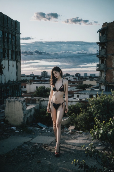  A girl, dirty, tattered bikini, ripped stockings, high heels, exposed navel, survivor, plants, buildings, clouds, sunset, long shot, cowboy shot, standing, light and shadow, ruined city, movie scene, movie Lenses, Cinematic Lighting, Volumetric Lighting, Hyper Detailed, Highly Detailed, Ultra Detailed, Photorealistic, Surreal, Surreal, HD, IMAX, 8K Resolution, Super Resolution, Sharp Focus, Magnificent, Best Quality, Masterpiece., postwar ruins