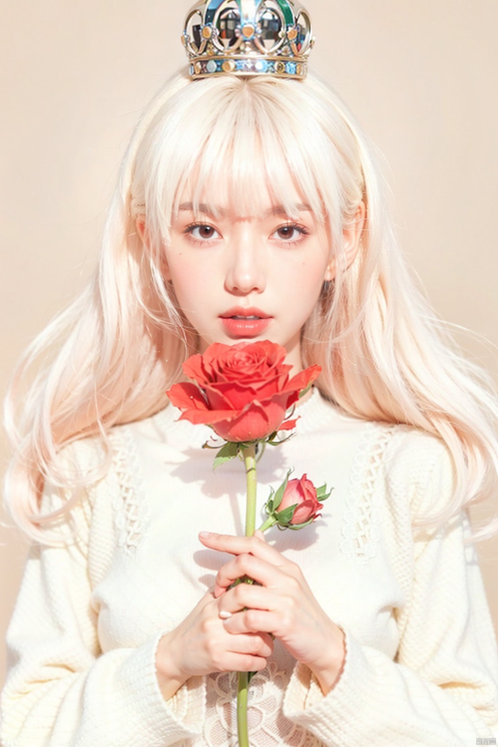  1girl, solo, long hair, blush, bangs, simple background, long sleeves, holding, white shirt, upper body, flower, white hair, parted lips, artist name, sweater, english text, rose, red flower, red rose, holding flower, white sweater,
皇冠crown
