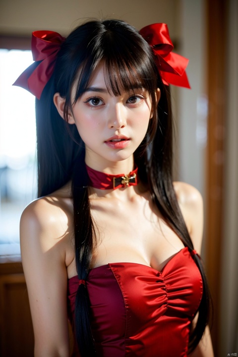  1girl, solo, long hair, breasts, looking at viewer, bangs, black hair, hair ornament, red eyes, dress, ribbon, hair between eyes, bare shoulders, twintails, hair ribbon, upper body, hairband, frills, choker, red ribbon, lips, eyelashes, strapless, bell, red dress, jingle bell, hair bell, red lips