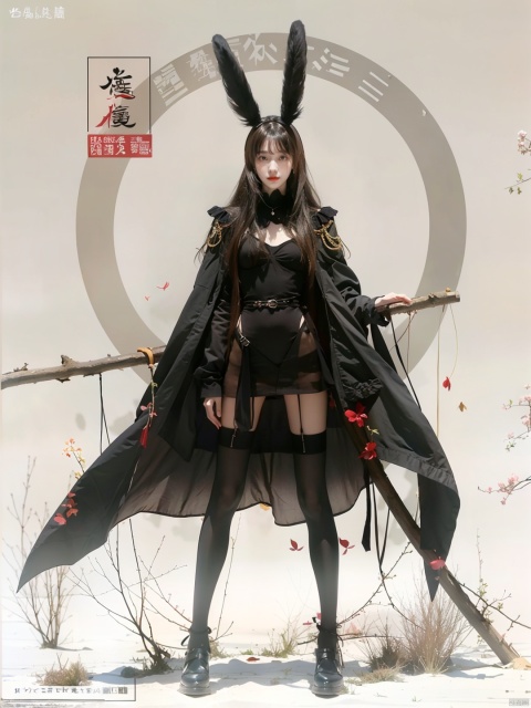  1girl,solo,black hair,long hair,jewelry,bangs,looking at viewer,blunt bangs,grey eyes,branch,upper body,flower,lips,straight hair,closed mouth,black background,redlips,beads,moyou,eluosi,光影对比,阳光照在脸上,super long legs,skinny,pantyhose, sssr, white thighhighs,拿着武器