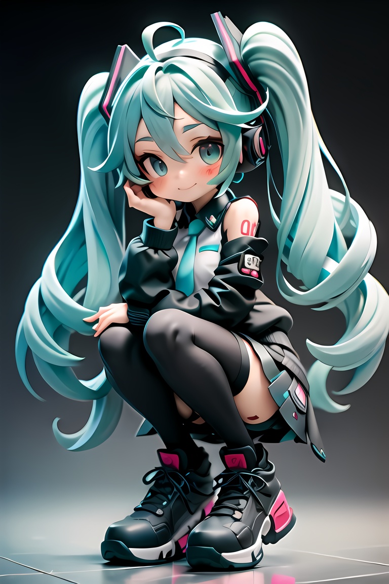  Pixar style,MG_ip,1girl,long hair,solo,hatsune miku,thighhighs,twintails,smile,ahoge,looking at viewer,skirt,black thighhighs,detached sleeves,shoes,necktie,squatting,jacket,sneakers,headset,hair between eyes,very long hair,closed mouth,long sleeves,bangs,blush,full body,aqua hair,bare shoulders,headphones,pleated skirt,shirt,hair ornament,black skirt,curly hair,aqua eyes,black jacket,shoulder tattoo,sleeveless,reflective floor,black footwear,drill hair,grey thighhighs,number tattoo,hand on own face,Hatsune Miku,