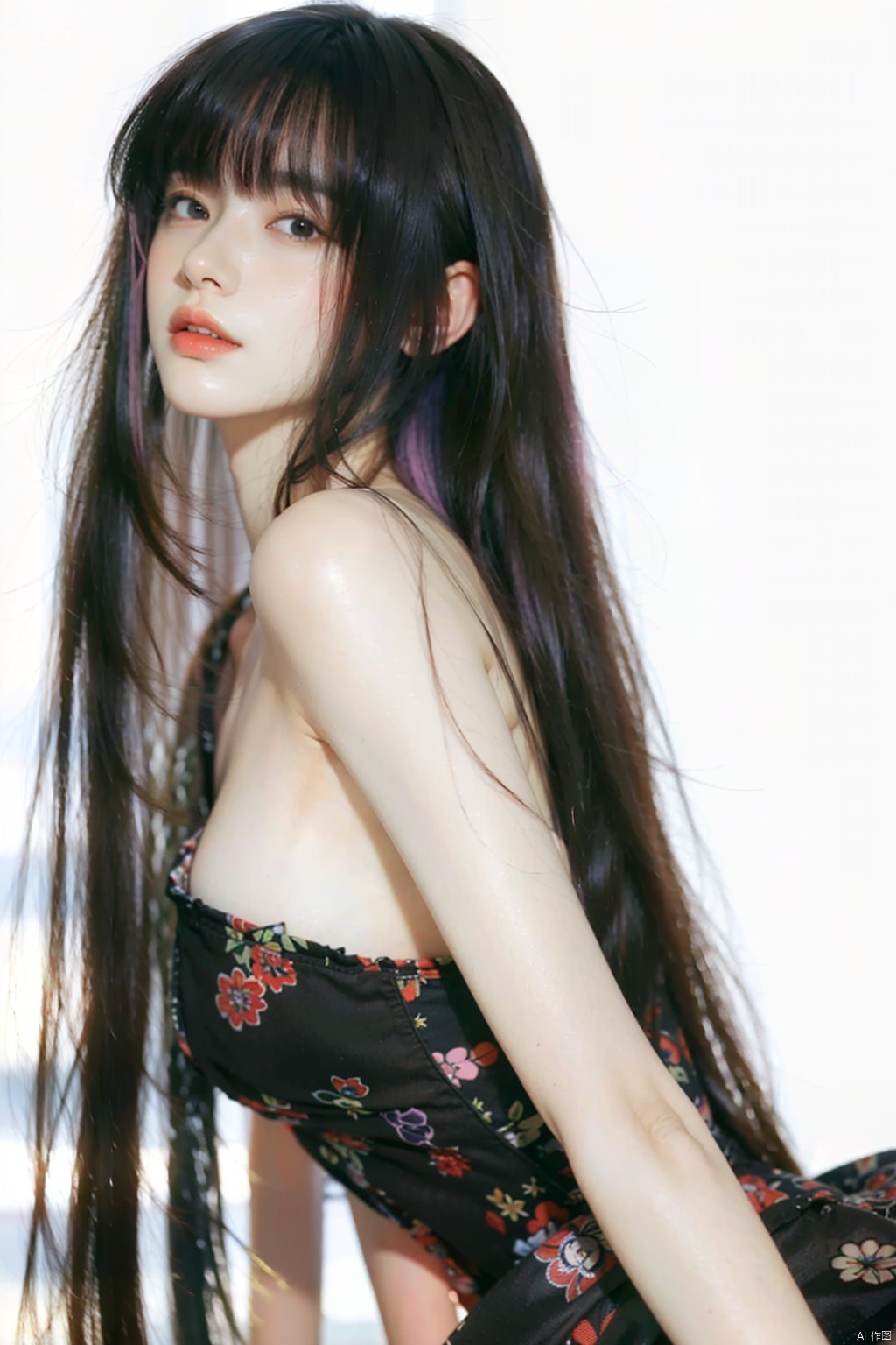  1girl,solo,long hair,skirt,purple hair,multicolored hair,shoes,jewelry,gradient hair,looking at viewer,pink hair,(raw photo:1.2),((photorealistic:1.4))best quality,masterpiece,illustration,an extremely delicate and beautiful,extremely detailed,CG,unity,8k wallpaper,Amazing,finely detail,masterpiece,best quality,official art,extremely detailed CG unity 8k wallpaper,absurdres,incredibly absurdres,huge filesize,ultra-detailed,highres,extremely detailed,beautiful detailed girl,cinematic lighting,1girl,pale skin,tall female,(perfect body shape),skinny body,Slender legs, caiyi, (pantyhose:1.3),high_heels, depth of field, jujingyi, eluosi