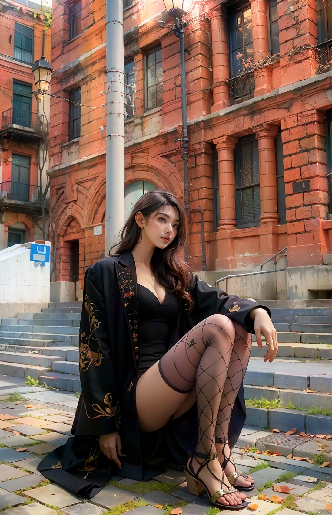 A young woman., Game character, Sense of design, A beautiful face, Long black hair, Bangs, colored inner hair, The eyes are bright and firm, wisdom, Smile at the corners of the mouth, Graceful posture, The body is well-proportioned and slender, Big breasts, Bare lower breasts, Bare skin, High school, Wearing a black tights combat suit, The shawl goes down, High-tech, Combat armor, Design, The appearance is streamlined and elegant, Red and white moldings, The arms of the mech, Energysword,