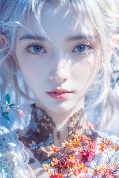  1girl,stars in the eyes,pure girl,(full body:0.5),There are many scattered luminous petals,Hidden in the light yellow flowers,Many flying drops of water,Many scattered leaves,branch,angle,contour deepening,cinematic angle,