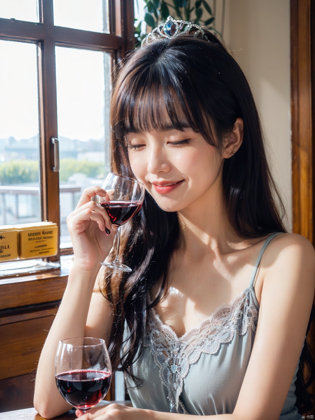  1girl,stars in the eyes,pure girl,(full body:0.5),angle,contour deepening,cinematic angle,Goddess,Crown,1girl, solo, long hair, smile, black hair, holding, closed eyes, english text, cup, holding cup, alcohol, drinking glass, wine glass, wine