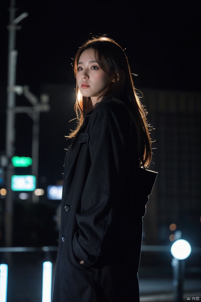  1girl, long hair, black coat, standing, night, neon lights, solitary figure, mysterious, blurred background, illuminated by neon glow, pensive mood, melancholia