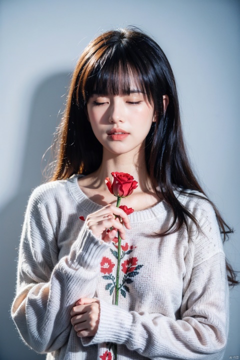 1girl, solo, long hair, blush, bangs, simple background, long sleeves, holding, closed eyes, white shirt, upper body, flower, white hair, parted lips, artist name, sweater, english text, rose, red flower, red rose, holding flower, white sweater
