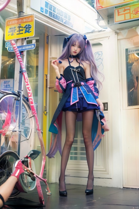  Sunshangxiang,1girl,solo,long hair,skirt,purple hair,multicolored hair,coat,pink footwear,personification,long sleeves,shoes,jewelry,gradient hair,looking at viewer,pink hair,boots,, (raw photo:1.2),((photorealistic:1.4))best quality,masterpiece,illustration,an extremely delicate and beautiful,extremely detailed,CG,unity,8k wallpaper,Amazing,finely detail,masterpiece,best quality,official art,extremely detailed CG unity 8k wallpaper,absurdres,incredibly absurdres,huge filesize,ultra-detailed,highres,extremely detailed,beautiful detailed girl,cinematic lighting,1girl,pale skin,tall female,(perfect body shape),skinny body,Slender legs, caiyi, (pantyhose:1.3),high_heels, monkren