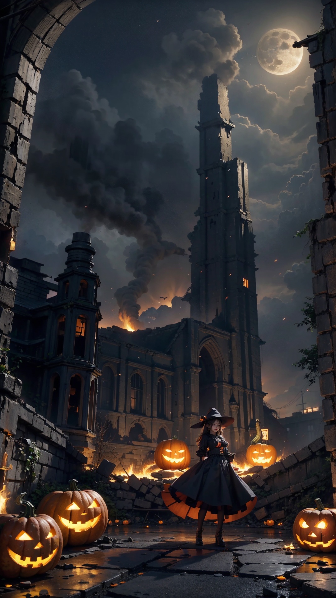  (High detail, high quality, masterpiece), clear focus, war, (ruins), flames and smoke,

On Halloween after the war, the skull,

A girl, wearing a blue and white dress and a witch hat, sat next to the ruins, with flags and neon lights in the ruins

(Pumpkin Lantern: 1.2), (surrounded by pumpkin lanterns), pumpkin lanterns scattered in the scene, some in the front, some in the back, full of hidden details, dynamic postures,

Full Moon, Flowers, Bats, Fantasy Illustrations, Fusion of Reality and Fantasy Elements, (Color: 1.2) (Digital Painting: 1.1), Epic Scene, OC Rendering, Looking Up, Ultra Wide Angle, Fish Eye, Lens Focus, Full Body, 16K, , Postwar ruins