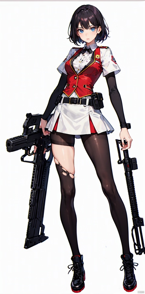  super long legs, (1girl),short hair, solo, standing,
Professional studio, short_skirt,red_vest, black underwear,pantyhose, (ripped pantyhose;1.2),Black tactical boots, sssr, white backgroundss, high tech, giant firearms