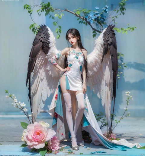  1girl,solo,black hair,long hair,jewelry,bangs,looking at viewer,blunt bangs,grey eyes,branch,upper body,flower,lips,straight hair,closed mouth,black background,redlips,beads,moyou,eluosi,光影对比,阳光照在脸上,super long legs,skinny,pantyhose, sssr, white thighhighs,
