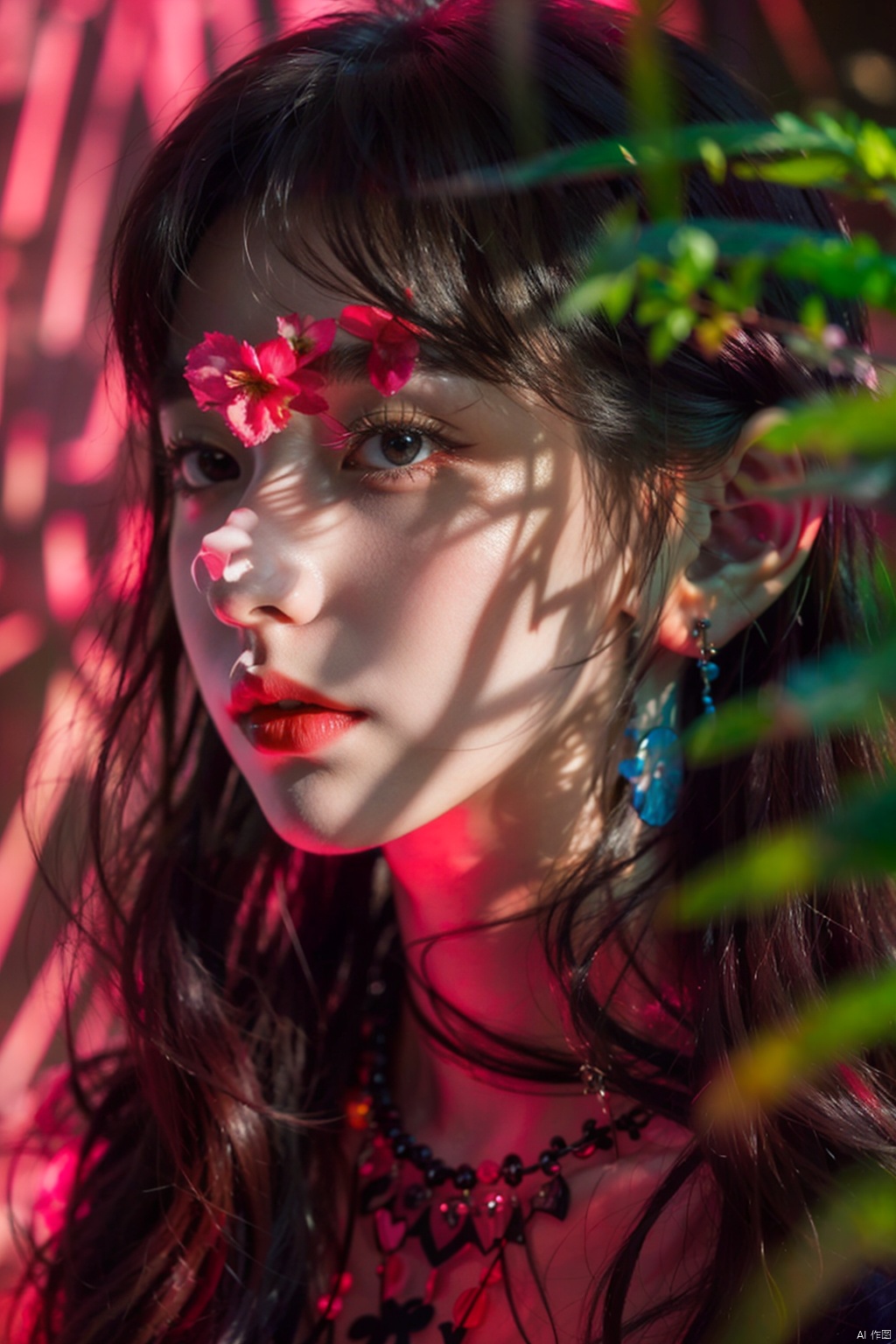  1girl,solo,black hair,long hair,jewelry,bangs,looking at viewer,blunt bangs,grey eyes,branch,upper body,flower,lips,straight hair,closed mouth,black background,red lips,beads,moyou,eluosi,光影对比,阳光照在脸上