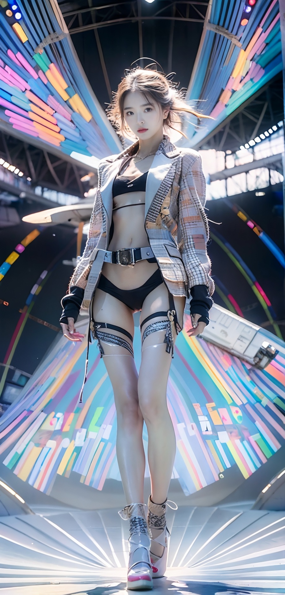  (Good anatomical structure), HDR, UHD, 8K, A real person, Highly detailed, best quality, masterpiece, 1girl, realistic, Highly detailed, (EOS R8, 50mm, F1.2, 8K, RAW photo:1.2), ultra realistic 8k, solo, 1girl, belt,black pantyhose,long_hair,Wind, flowing hair,,aircraft,long leg,sssr