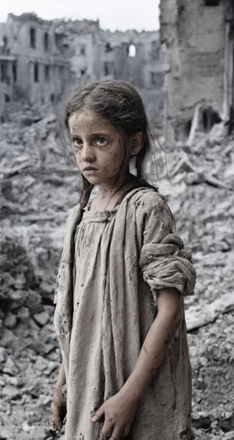  Ruins of the city after being bombed, A 10-year-old girl, It's covered in dust, Only the eyes are still clean, Looking at the audience, Helpless, A puzzled look in the eyes, hell