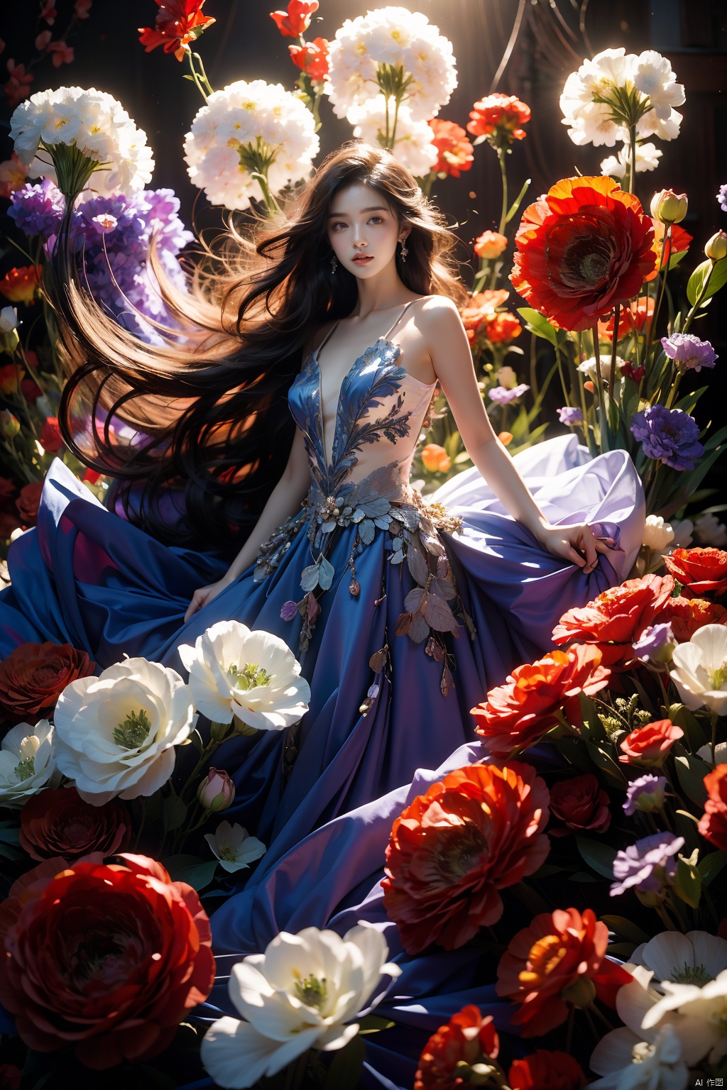  1girl, long hair, flower, Lisianthus, in the style of red and light azure, dreamy and romantic compositions, red, ethereal foliage, playful arrangements, fantasy, high contrast, ink strokes, explosions, over exposure, purple and red tone impression, abstract, whole body capture,
, 1girl