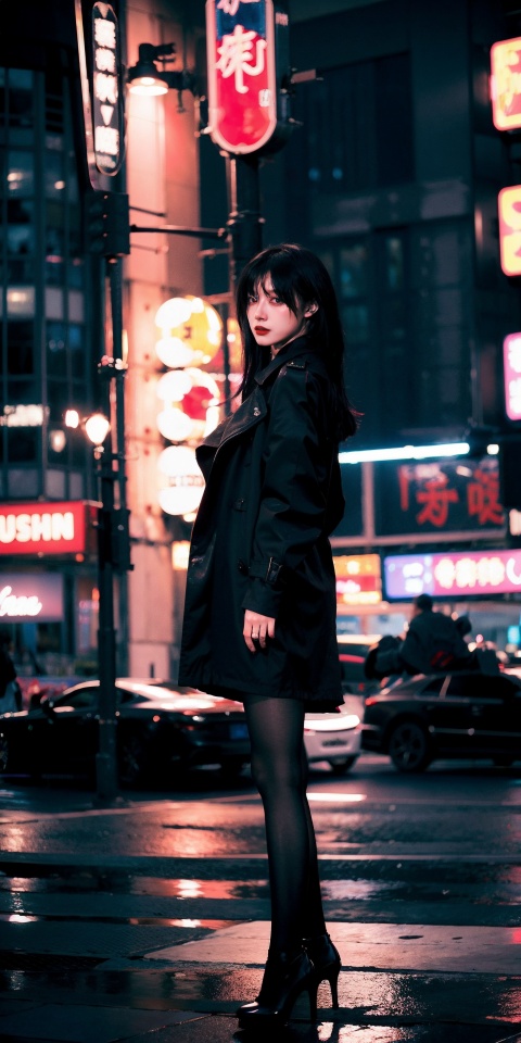  Envision a scene encapsulating the theme 'Neon Noir',where a girl stands in a dark,urban landscape illuminated only by the glow of neon lights. The atmosphere is one of mystery and intrigue,with shadows playing across her face,partially revealing her enigmatic expression. She is dressed in a style that blends classic noir elements with a modern edge,perhaps a trench coat paired with sleek,contemporary accessories. The neon lights cast vivid colors onto the wet streets and dark buildings,creating a stark contrast between the brightness of the lights and the darkness of the city. This artwork captures the essence of a neon noir world,where the vibrancy of neon battles the shadows of the night,pantyhose,integrated short skirt,sssr,full_body,black pantyhose, pantyhose