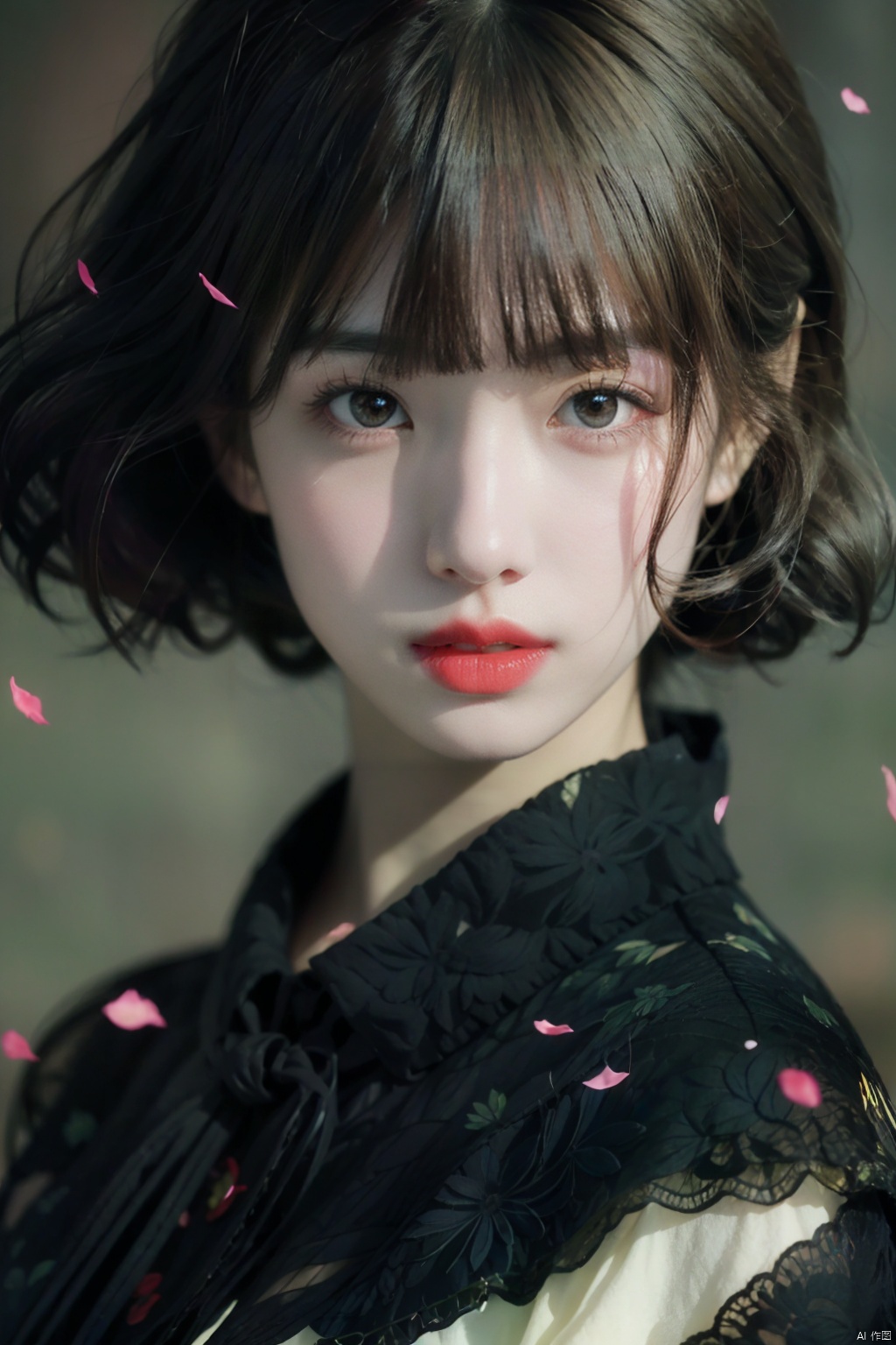  1girl,solo,black hair,long hair,jewelry,bangs,looking at viewer,blunt bangs,grey eyes,branch,upper body,flower,lips,straight hair,closed mouth,black background,red lips,beads,moyou, 1 girl