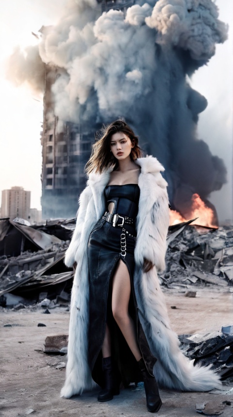1girl, fashion editorial, loose shot, sweaty, doomsday, doom, dangerous, fur, leather, jeans, weird(1.5), future, high-tech, Skyscraper, Collapsed buildings ruins in desert, extreme details, photorealistic, best quality, masterpiece, glide_fashion,WEARING HAUTE_COUTURE DESIGNER DRESS