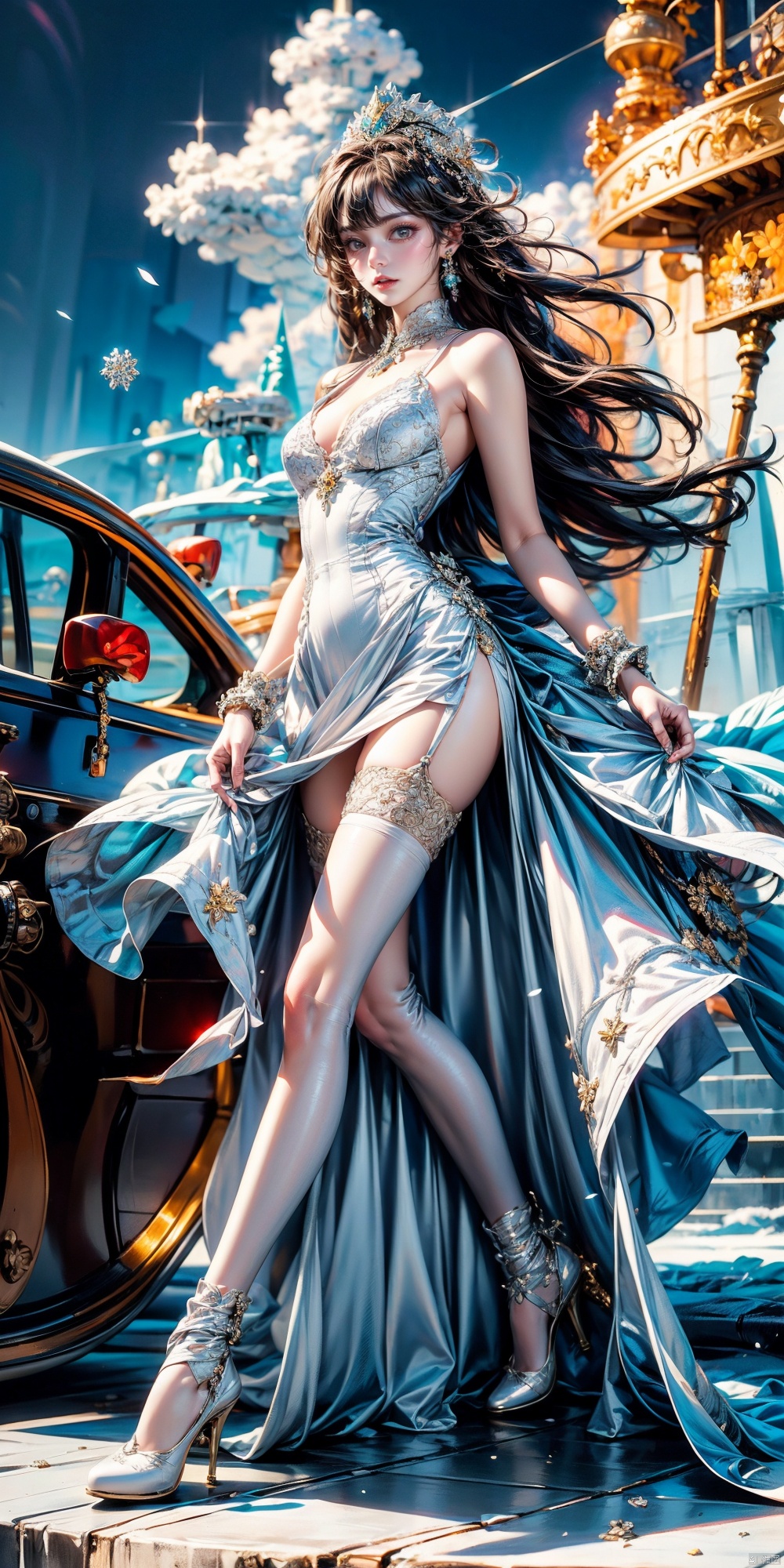 1girl,solo,earrings,a girl wearing a wedding dress,white dress,high end long tail wedding dress,long hair,jewelry,brown hair,brown eyes,snowflakes,drifting snowflakes,ice and snow crown,long legs,(white stockings:1.2),sky,cloud,ice castle,ferris wheel,looking_at_viewer,standing,nikon lens,ice steps,realistic,masterpiece,best quality,unreal engine 5 rendering,movie light,movie lens,movie special effects,detailed details,HDR,UHD,8K,CG wallpaper,pencil_skirt,yellow_footwear,high heels