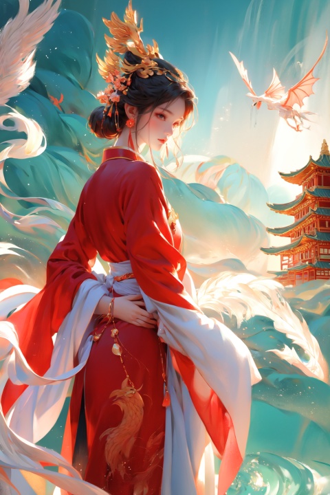 a woman with a dragon headdress standing in front of a building with a pagoda in the background, rossdraws global illumination, Chen Chun, fantasy art, a detailed painting,1 girl,huliya