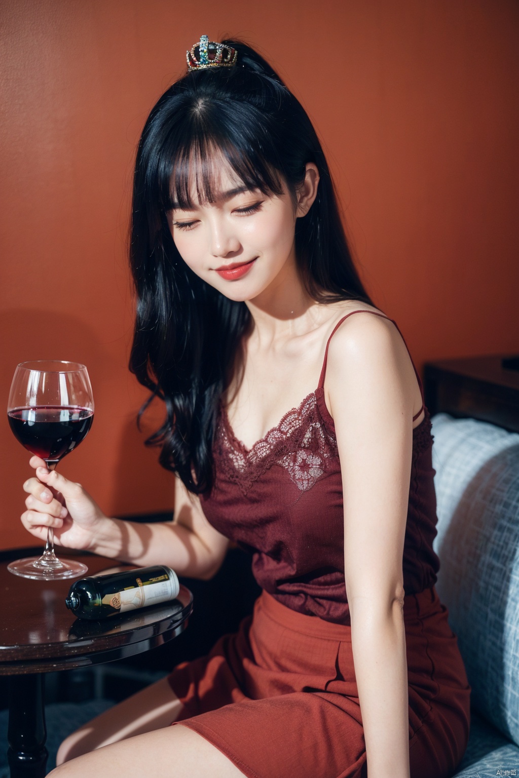  1girl,stars in the eyes,pure girl,(full body:0.5),angle,contour deepening,cinematic angle,Goddess,Crown,1girl, solo, long hair, smile, black hair, holding, closed eyes, english text, cup, holding cup, alcohol, drinking glass, wine glass, wine,Red background, red camisole skirt