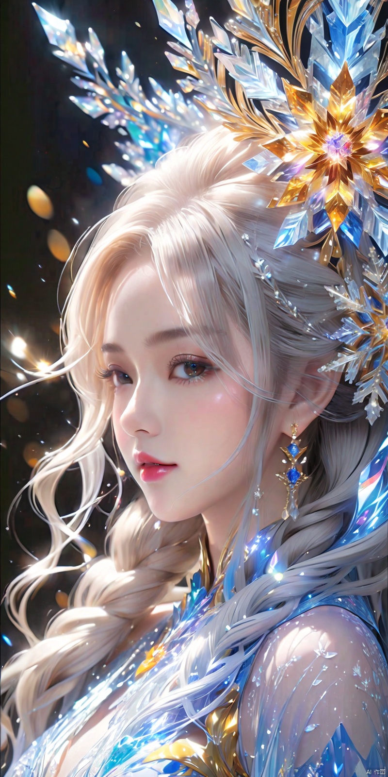  (masterpiece, top quality, best quality, official art, beautiful and aesthetic:1.2),(1girl),extreme detailed,(fractal art:1.3),colorful,highest detailed,(black background:1.4),(golden flower+ice_crystal),(ice crystal:1.6),