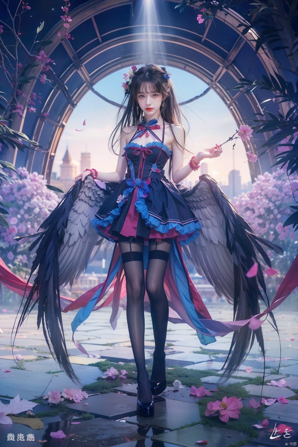  1girl,solo,black hair,long hair,jewelry,bangs,looking at viewer,blunt bangs,grey eyes,branch,upper body,flower,lips,straight hair,closed mouth,black background,red lips,beads,moyou,eluosi,光影对比,阳光照在脸上,super long legs,skinny,pantyhose, sssr, white thighhighs,