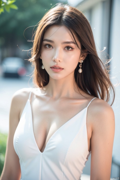  1 girl, solo, long hair, breasts, looking at viewer, brown hair, dress, cleavage, bare shoulders, jewelry, medium breasts, upper body, earrings, outdoors, parted lips, sleeveless, white dress, blurry, lips, sleeveless dress, blurry background, realistic, 1girl