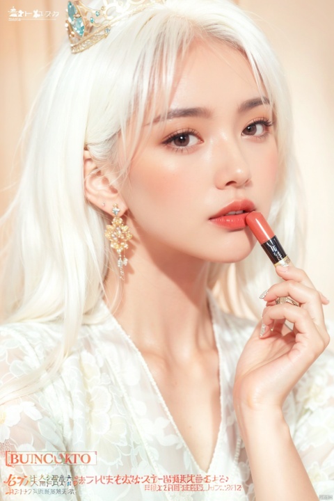  1girl,stars in the eyes,pure girl,(full body:0.5),angle,contour deepening,cinematic angle,Goddess,Crown,1girl, solo, long hair, holding, jewelry,, upper body, white hair, earrings, english text, makeup, ring, lipstick, cosmetics, 