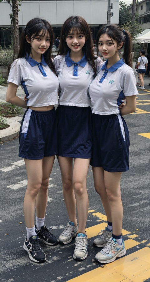  3 girls standing separately(4:1),full body,school uniform,bra,huge breasts,smiling,twin tails,in the market,sneaker,Body facing directly,