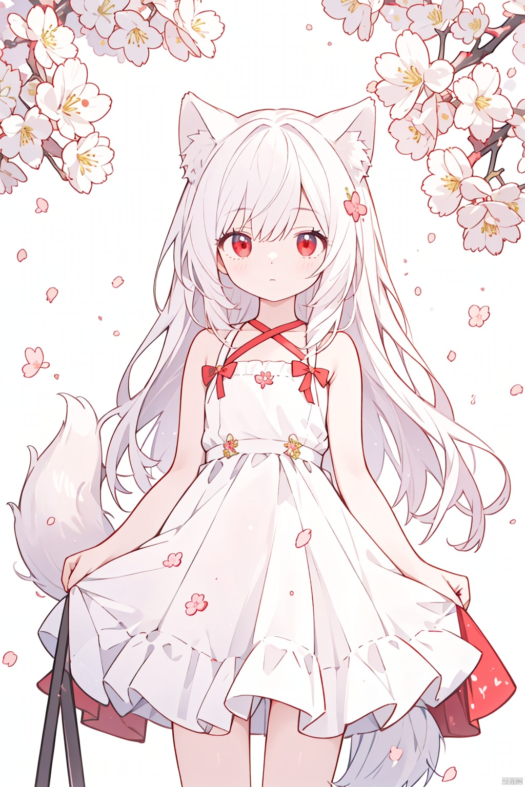  The image features a beautiful anime girl dressed in a flowing white and red dress, standing amidst a flurry of red cherry blossoms. The contrast between her white dress and the red flowers creates a striking visual effect. The lighting in the image is well-balanced, casting a warm glow on the girl and the surrounding flowers. The colors are vibrant and vivid, with the red cherry blossoms standing out against the white sky. The overall style of the image is dreamy and romantic, perfect for a piece of anime artwork. The quality of the image is excellent, with clear details and sharp focus. The girl's dress and the flowers are well-defined, and the background is evenly lit, without any harsh shadows or glare. From a technical standpoint, the image is well-composed, with the girl standing in the center of the frame, surrounded by the blossoms. The use of negative space in the background helps to draw the viewer's attention to the girl and the flowers. The cherry blossoms, often associated with transience and beauty, further reinforce this theme. The girl, lost in her thoughts, seems to be contemplating the fleeting nature of beauty and the passage of time. Overall, this is an impressive image that showcases the photographer's skill in capturing the essence of a scene, as well as their ability to create a compelling narrative through their art. wolf girl,loli,wolf girl,white long hair,red eyes,,white dress,bare shoulders,( large tail), flat chest, colors