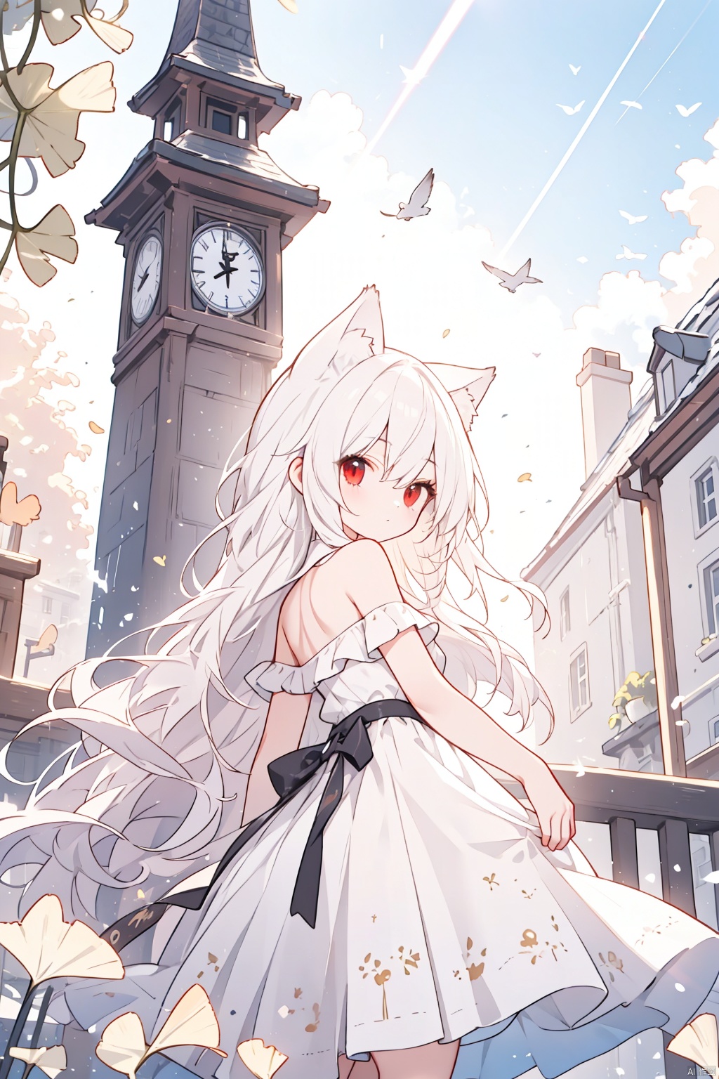 solo,outdoors, cozy animation scenes,1girl, wolf girl,loli,wolf girl,white hair, long hair, red eyes, (white eyelashes:1.2),white dress,bare shoulders,solo, bird, (long hair), silhouette, from_behind, dress, feathers, sky, backlighting, lens_flare, cloud, sunlight,clock,tower, ginkgo leaf,Otherworldly architecture