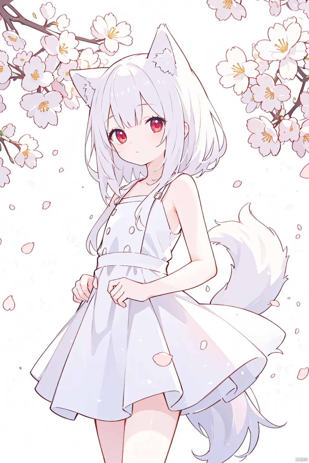  The image features a beautiful anime girl dressed in a flowing white and red dress, standing amidst a flurry of red cherry blossoms. The contrast between her white dress and the red flowers creates a striking visual effect. The lighting in the image is well-balanced, casting a warm glow on the girl and the surrounding flowers. The colors are vibrant and vivid, with the red cherry blossoms standing out against the white sky. The overall style of the image is dreamy and romantic, perfect for a piece of anime artwork. The quality of the image is excellent, with clear details and sharp focus. The girl's dress and the flowers are well-defined, and the background is evenly lit, without any harsh shadows or glare. From a technical standpoint, the image is well-composed, with the girl standing in the center of the frame, surrounded by the blossoms. The use of negative space in the background helps to draw the viewer's attention to the girl and the flowers. The cherry blossoms, often associated with transience and beauty, further reinforce this theme. The girl, lost in her thoughts, seems to be contemplating the fleeting nature of beauty and the passage of time. Overall, this is an impressive image that showcases the photographer's skill in capturing the essence of a scene, as well as their ability to create a compelling narrative through their art. wolf girl,loli,wolf girl,white hair,red eyes,,white dress,bare shoulders,( large tail), flat chest, colors