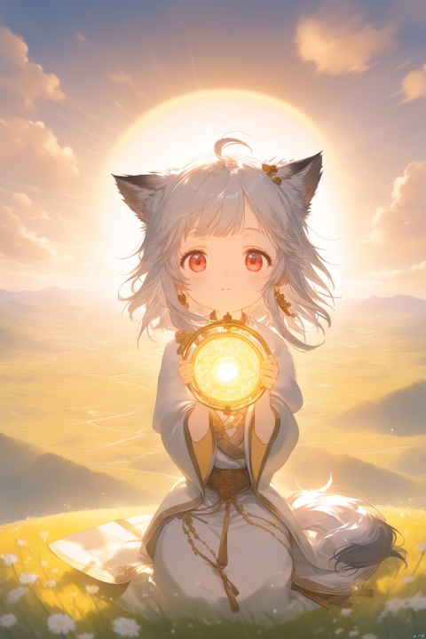 Art Style: pixiv, digital art on pixiv, cozy animation scenes, 2023 Digital Illustration with a Charming Golden Hue
Year: 2023
Theme: Fantasy Adventure, Highlighting a Cozy and Golden Glow, Featuring a Child Character
Character: Central Focus Child Solo Female, Wolf Girl
Age: Young Child
Features: Petite Frame, White Hair with Golden Highlights, Red Eyes, Adorable Wolf Ears, Asymmetrical Hair, Ahoge
Clothing: White Robe with Gold Trim, Coat with Golden Embroidery, Reflecting her Youthful Innocence
Accessories: Earrings, Jewelry with Gold Accents, Suited for a Child
Expression: Playful and Curious, with a Touch of Innocence
Composition: Character-centric with the Young Wolf Girl Occupying at Least Half of the Frame, Showcasing her Small Stature
Pose: Sitting Playfully on a Hillside, Legs Dangling or in a Childlike Pose
Perspective: Dynamic Angle from Above, Emphasizing her Small Size and the Surrounding World
Setting: Lush Hillside with Golden-Lit Flowers, Mountainous Horizon in the Background, a Safe and Magical Place for a Child
Atmosphere: Serene, Magical, and Tailored to Capture the Wonder of a Child's Adventure
Lighting: Warm Backlighting, Soft and Gentle to Enhance the Golden Glow and the Child's Features
Sky: Cloudy Sky with a Golden Palette, Soft and Inviting for a Child's Imagination
Cloud Details: Fluffy White Clouds with Golden Edges, High Fluffy Clouds with a Dreamy Golden Skyline, Calm Clouds in Golden Tones, Lifelike Clouds with Subtle Shadows and Highlights, Beautiful Cloud Formations as though Shaped for a Child's Delight
Color Palette: Rich Golds and Warm Yellows to Create a Welcoming Atmosphere, Accented by Soft Whites, Pastel Blues for the Flowers, and Vivid Greens for the Hillside