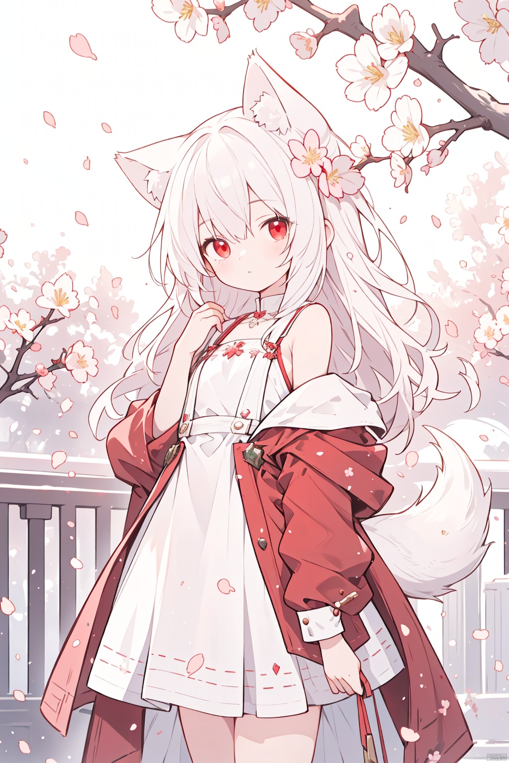  The image features a beautiful anime girl dressed in a flowing white and red dress, standing amidst a flurry of red cherry blossoms. The contrast between her white dress and the red flowers creates a striking visual effect. The lighting in the image is well-balanced, casting a warm glow on the girl and the surrounding flowers. The colors are vibrant and vivid, with the red cherry blossoms standing out against the white sky. The overall style of the image is dreamy and romantic, perfect for a piece of anime artwork. The quality of the image is excellent, with clear details and sharp focus. The girl's dress and the flowers are well-defined, and the background is evenly lit, without any harsh shadows or glare. From a technical standpoint, the image is well-composed, with the girl standing in the center of the frame, surrounded by the blossoms. The use of negative space in the background helps to draw the viewer's attention to the girl and the flowers. The cherry blossoms, often associated with transience and beauty, further reinforce this theme. The girl, lost in her thoughts, seems to be contemplating the fleeting nature of beauty and the passage of time. Overall, this is an impressive image that showcases the photographer's skill in capturing the essence of a scene, as well as their ability to create a compelling narrative through their art. wolf girl,loli,wolf girl,white long hair,red eyes,,white dress,bare shoulders,( large tail), flat chest, colors
