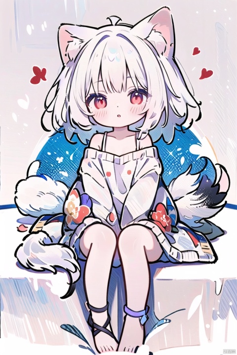 (masterpiece), (best quality), illustration, ultra detailed, hdr, Depth of field, (colorful),1girl, anklet, solo, (((  white hair))),red_eyes, on_stomach, lying, looking_at_viewer, sweater, feet, parted_lips, sideboob, flower,  meme_attire, bare_shoulders, wolf ears, red eyes, cute, loli,(( child)),  wolf girl,( large tail), white t-shirt, , toes, dress,hair_ornament, rose, pillow,  petals, red_flower,  sweater_dress,  naked_sweater,  bare_arms, soles,  full_body